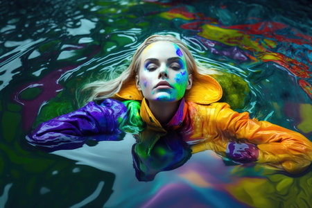 Blonde white woman floating in water with ink drops of colorful paint. Abstract concept. Generative AI Illustrationの素材