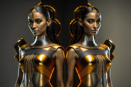 Indian women wearing gold futuristic outfit. Fashion model portrait. Generative AI Illustrationの素材