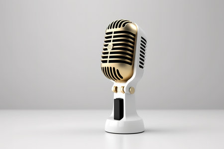 Gold vintage microphone 3D render style over white background. Generative AI Illustrationの素材