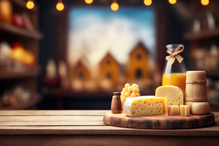 close up of varieties of cheese on wooden table. Generative AI illustrationの素材