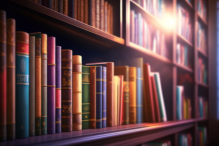 Close up of magical bookshelf of library. Generative AI illustrationの素材