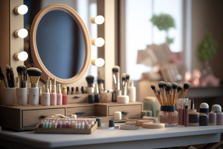 Make up desk on dressing table full of cosmetics and brushes. Make studio concept. Generative AI illustrationの素材