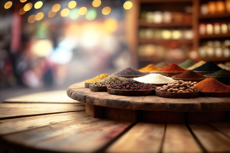 Spices over wooden table with market as background. Banner with copy space for advertising. Generative AI illustrationの素材
