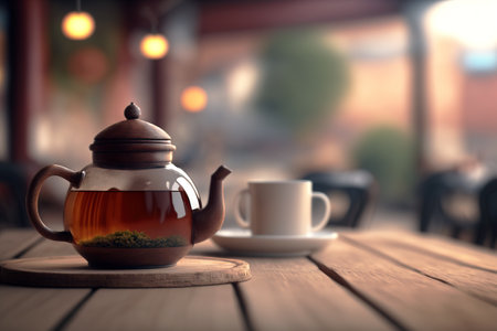 Tea pot over wooden background with copy space for advertising. Focus on foreground. Tea shop concept. Generative AI illustrationの素材