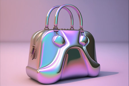 3D render style of pink holographic lady bag. Pink background. Generative AI illustrationの素材