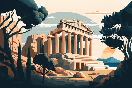 Illustration postcard of Acropolis of Athens in Greece. Generative AI Illustrationの素材