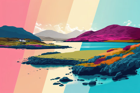 Colorful illustration banner of the Ring of Kerry in Ireland. Travel destination postcard. Generative AI Illustrationの素材