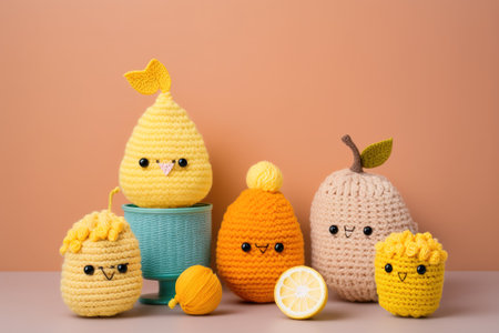Cut studio shot of citrus fruits toys made with crochet. Generative AI illustrationの素材