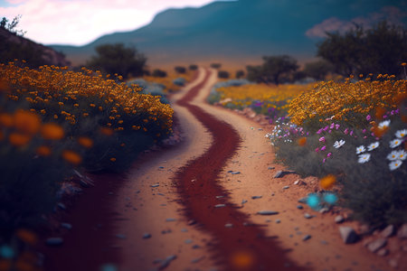 Rural road surrounded by bushes full of flowers. Generative AI illustrationの素材