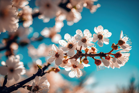 White cherry flowers close up on tree branch in full bloom. Generative AI illustrationの素材