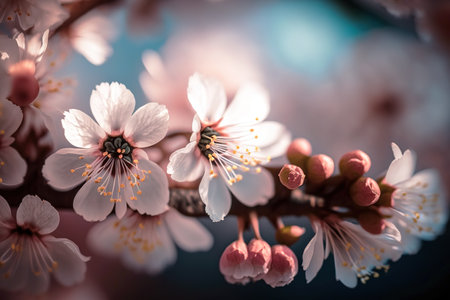 Macro photography style of cherry tree branch in full bloom. Generative AIの素材