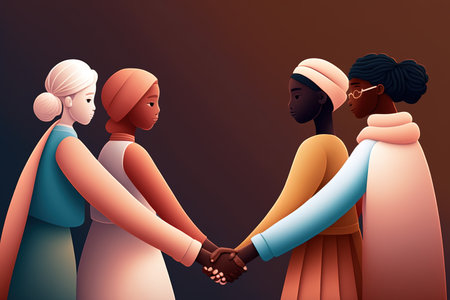 People form different cultures and ethnicities holding their hands together. International Day of Elimination of Racial Discrimination. Generative AI illustrationの素材