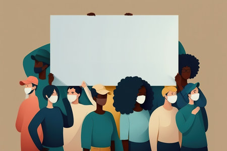 Multicultural and multiracial people wearing face mask holding blank sign for copy space. Generative AI flat design illustrationの素材