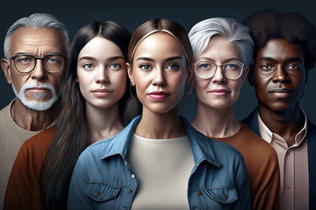 Portrait of multiethnic group of people from different generations. Generative AI illustrationの素材