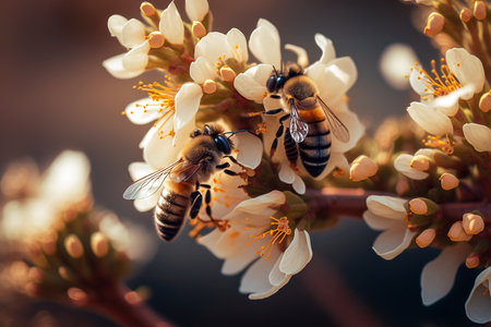 Close up macro shot of two honey bees pollinating cherry flowers. Generative AIの素材
