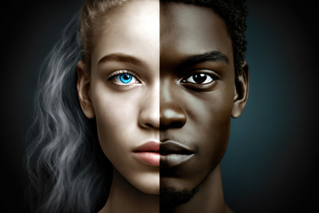 Two people faces of different skin tones. International Day of Elimination of Racial Discrimination. Generative AI illustrationの素材