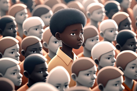 Young African American boy standing in front of a crowd of people. International Day of Elimination of Racial Discrimination concept. Generative AIの素材