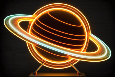 Neon sign of Saturn over dark background. Generative AI illustrationの素材