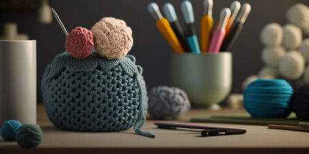 Crochet desk workspace with needle and knitting tools. Generative AI illustrationの素材