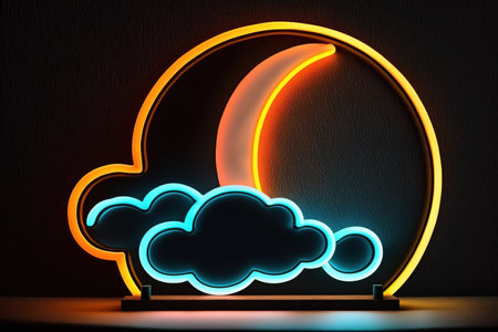 Neon sign lamp with moon and clouds shape over dark background. Generative AIの素材