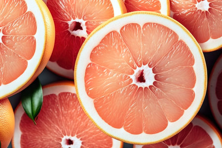 Slices of grapefruit top view. Textured background. Generative AI illustrationの素材