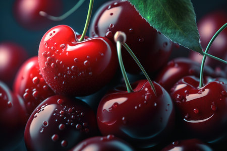 Macro shot of fresh red cherries. Generative AI illustrationの素材
