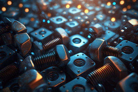 Background made of many nuts, screws. Conceptual macro shot. Generative AIの素材
