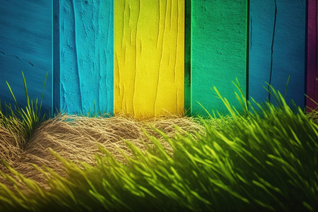 Colorful wooden fence over green grass. Summer vibes background banner. Copy space for text or advertisement. Generative AI illustrationの素材