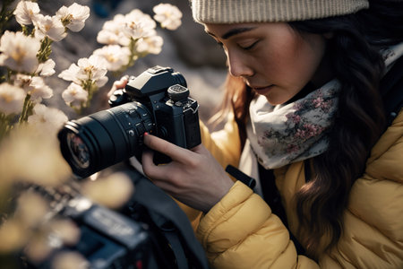 Asian woman taking photograph with professional digital camera at cherry blossom. Generative AI illustrationの素材