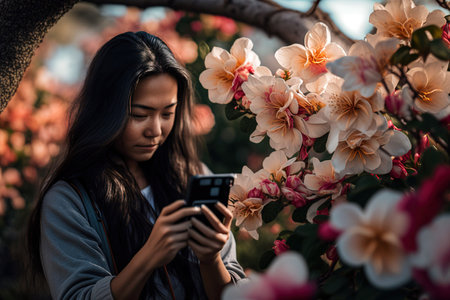 Young Asian woman taking photos at the cherry blossom tree with mobile phone. Generative AI illustrationの素材