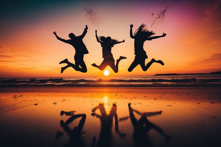 Three friends having fun at the beach. Silhouettes jumping at sunset. Spring break concept. Generative AIの素材