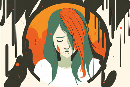 Flat design illustration banner of depressed girl. Mental health and wellbeing. Generative AI illustrationの素材