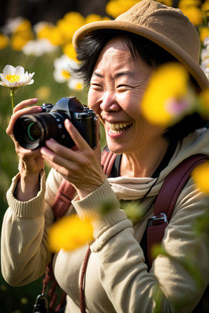 Asian woman taking photograph with digital camera of flowers during spring time. Vertical Generative AI illustrationの素材