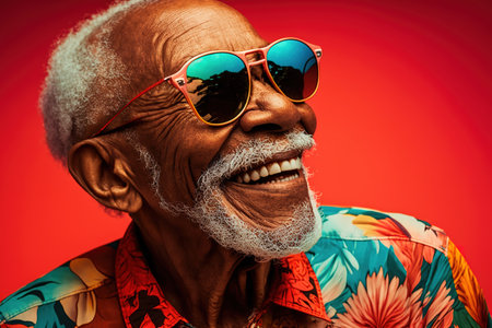 African American old retirement man wearing sunglasses and modern fashionable clothes. Studio shot portrait over red background. Generative AIの素材