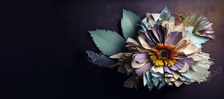 Paper flower top view over dark background with dark background. Generative AI illustrationの素材