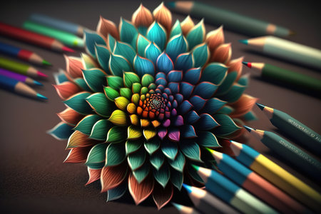 Colorful drawing of flower made with pencils. Generative AI illustrationの素材