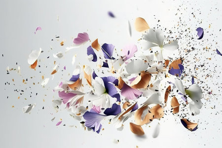 Beautiful flower petals confetti over white background. Generative AI illustrationの素材