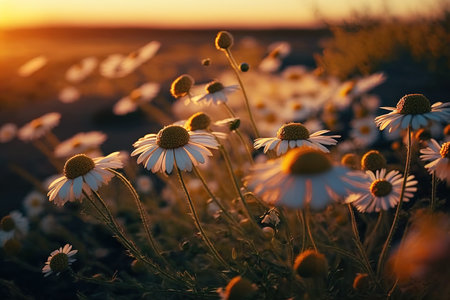 Close up shot of chamomile flowers under sunset golden light. Generative AIの素材