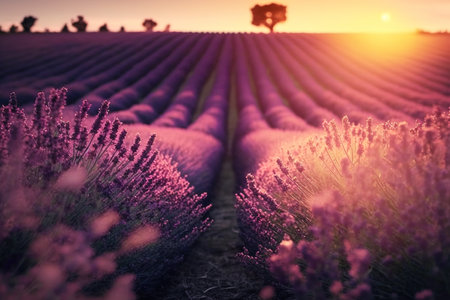 Beautiful sunset by lavender field. Focus on foreground. Generative AIの素材