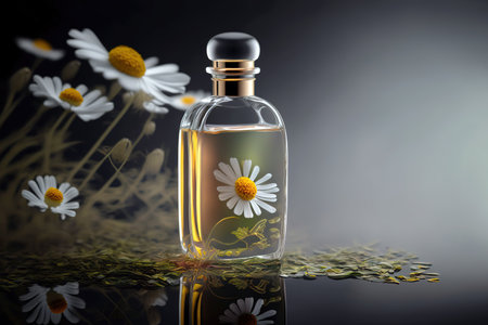 Chamomile essential oil studio shot over black background with copy space. Generative AIの素材