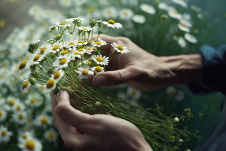 Picking chamomile from the field. Close up shot. Generative AIの素材