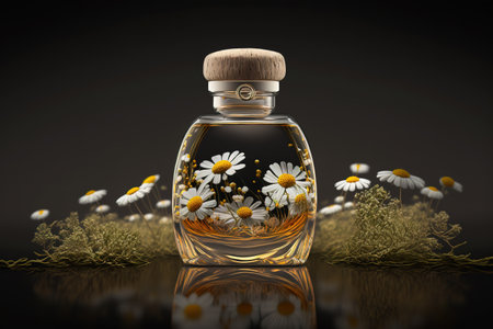 Cute glass bottle of chamomile essential oil. Generative AIの素材
