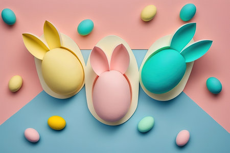 Table top view of Easter bunny ears with colorful paste colors. Generative AI illustrationの素材
