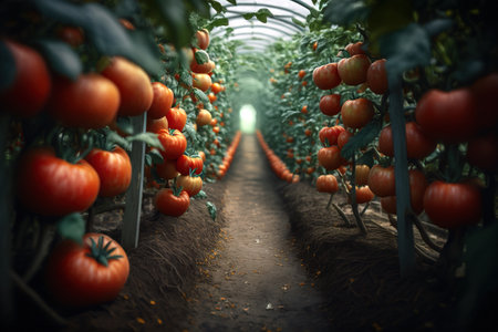 Row perspective of tomato farm. Generative AI Illustrationの素材