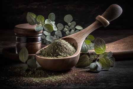 Close up shot of dry oregano on wooden spoon, Rustic dark photography. Generative AI Illustrationの素材