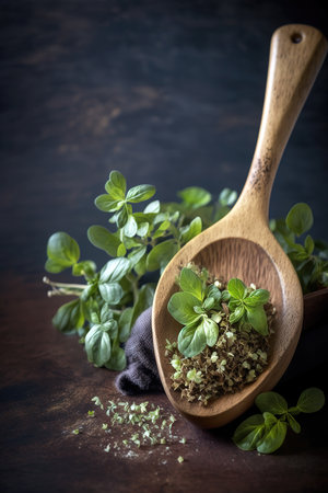 Oregano in wooden spoon close up shot over dark background. Generative AI Vertical Illustrationの素材
