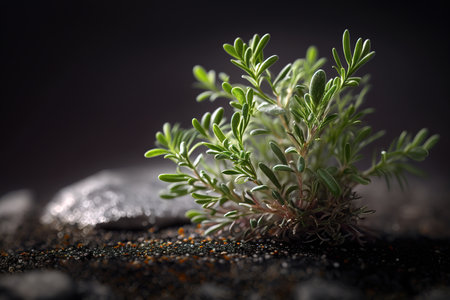 Small thyme plant close up shot. Dark background. Generative AI illustrationの素材