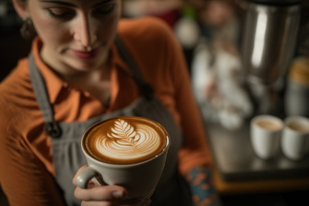 Close up high angle view of barista holding coffee with latte art. Focus on foreground. Generative AI illustrationの素材