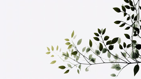 Green leaf branches over white background with copy space for text. Generative AI illustrationの素材