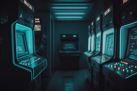 Vintage arcade video game empty room. Dark mood. Generative AI illustrationの素材